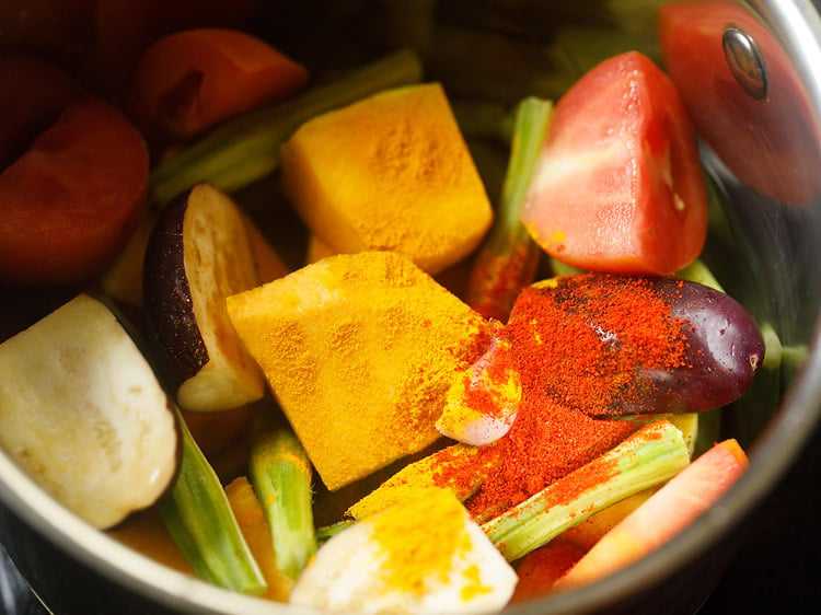 spice powders added to veggies