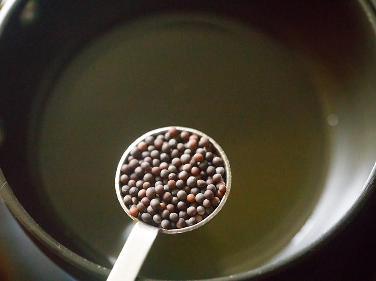 mustard seeds being added to hot oil