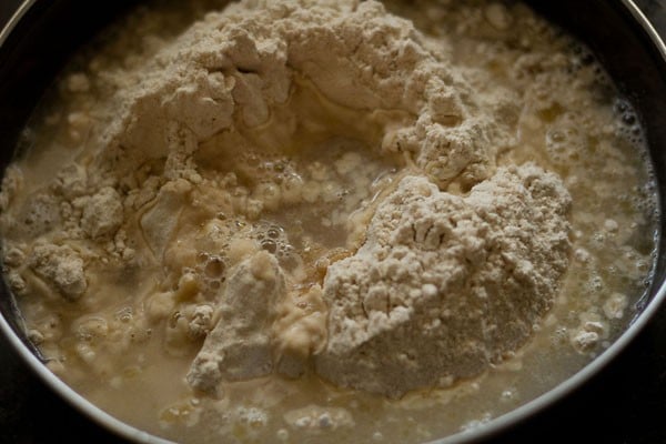 whole wheat flour in a bowl with a well in the middle with water and oil added.