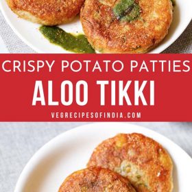aloo tikki served on a white plate with text layovers.