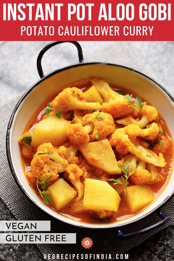 instant pot aloo gobi served in a small white wok on a grey jute mat