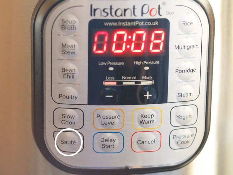front display panel of the Instant pot with a white circle on the sauté button 
