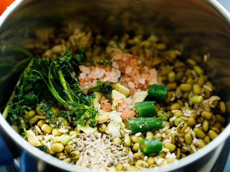 moong beans, green chillies, cilantro, ginger, cumin, salt, asafoetida in a blender