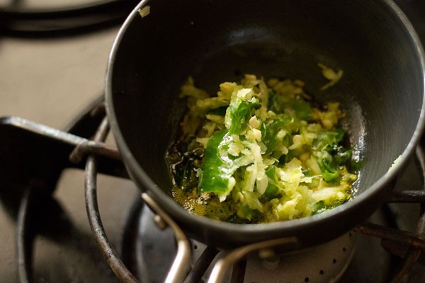 crushed garlic, green chilies and turmeric in a pan