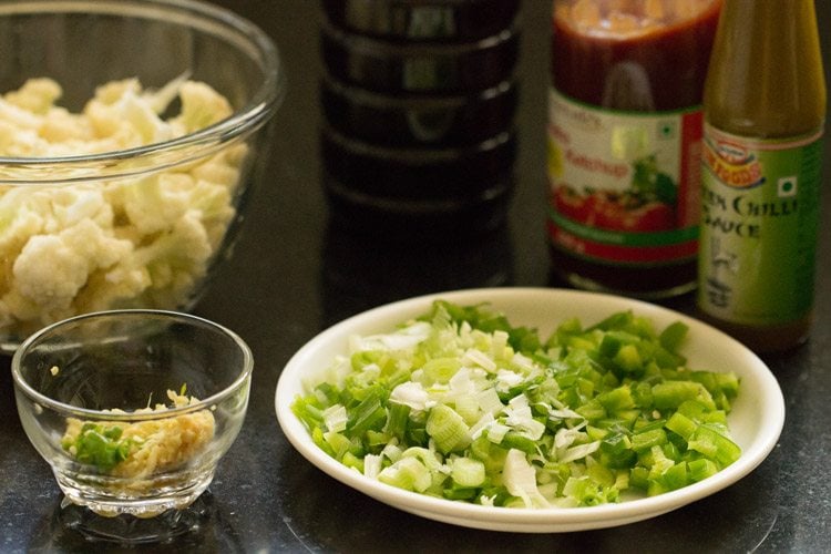 prepped ingredients for cauliflower manchurian