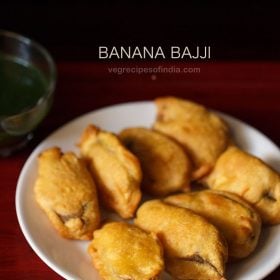 banana bajji served on a white plate with text layover.