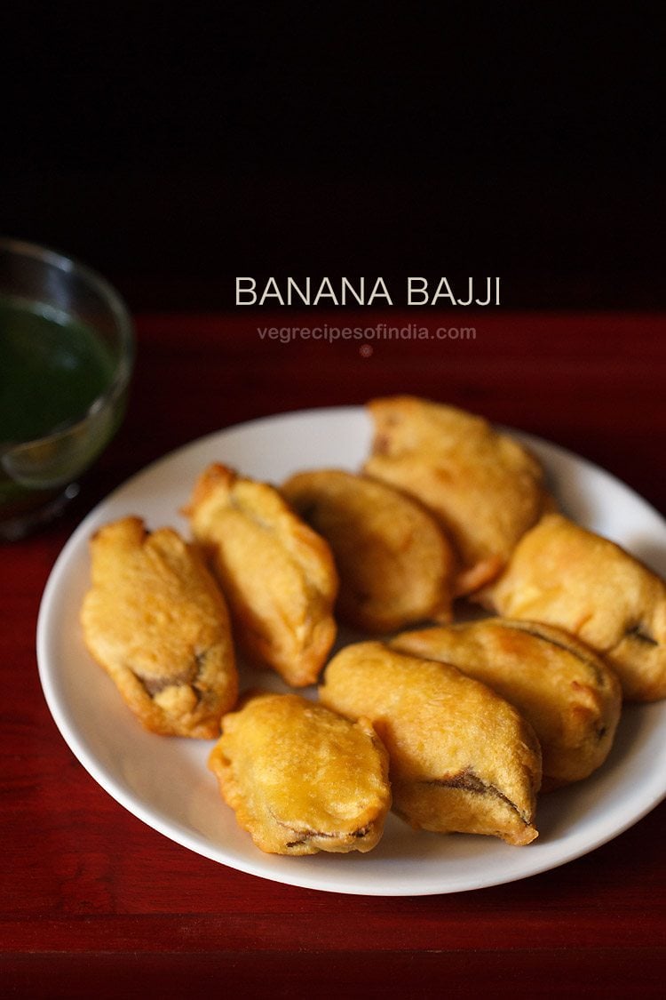 banana bajji served on a white plate with text layover.