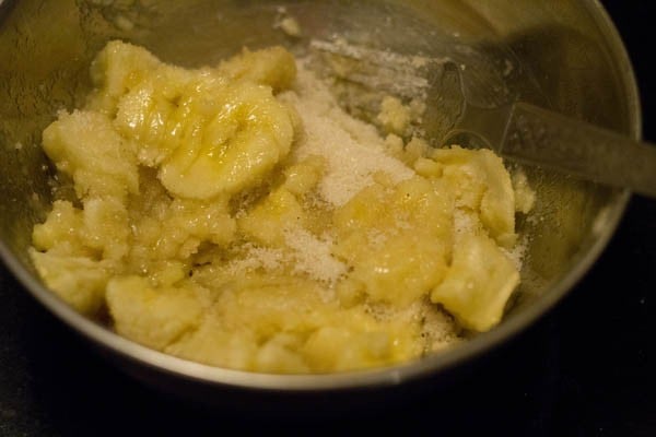 chopped banana and sugar in a bowl