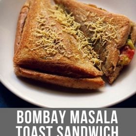 masala sandwich served on a plate with text layovers.