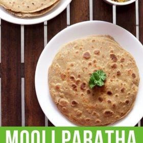 mooli ka paratha served on a white plate with text layovers.