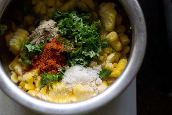 mixing corn patties ingredients in the bowl