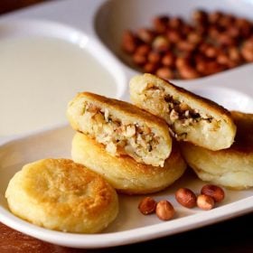 farali pattice served with chutney on a white plate.