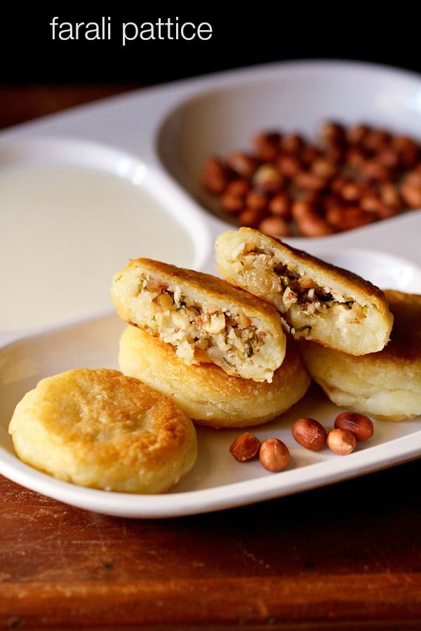 farali pattice served with chutney on a white plate.