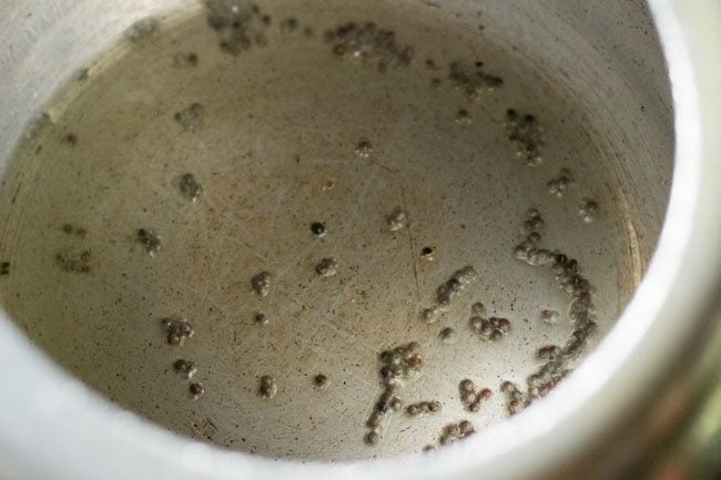 semillas de mostaza añadidas al aceite caliente en una olla a presión para hacer la receta de tendli. 
