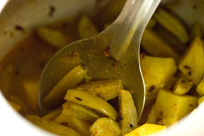 cooked aloo tendli bhaji. 