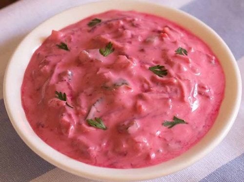 beetroot raita in a white bowl