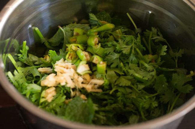 chopped green chillies, ginger in blender on top of cilantro and mint