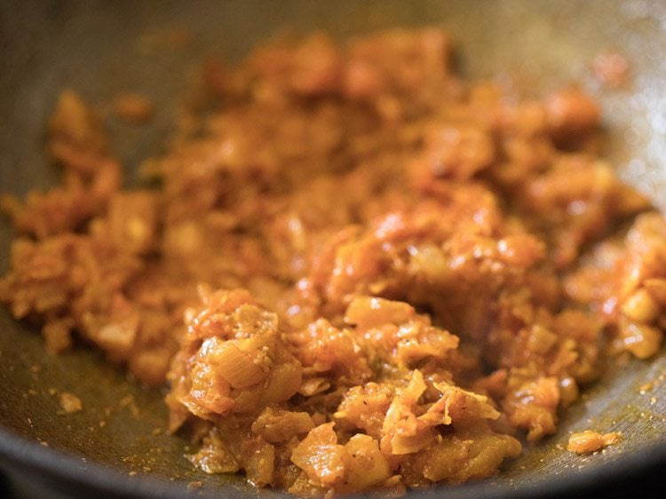 tomato onion masala in kadai ready for making mix veg curry