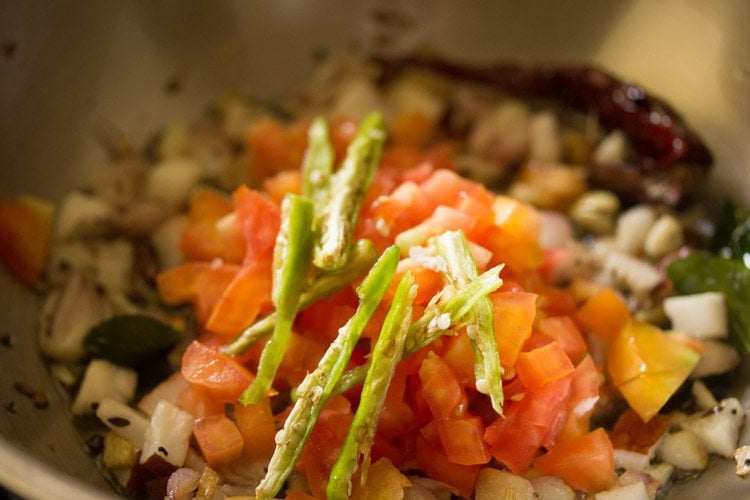 adding chopped tomatoes and slit green chilies 