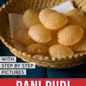 puri for pani puri placed in a basket with text layovers.
