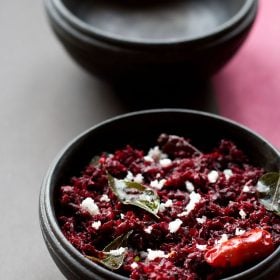 beetroot thoran served in a black bowl.