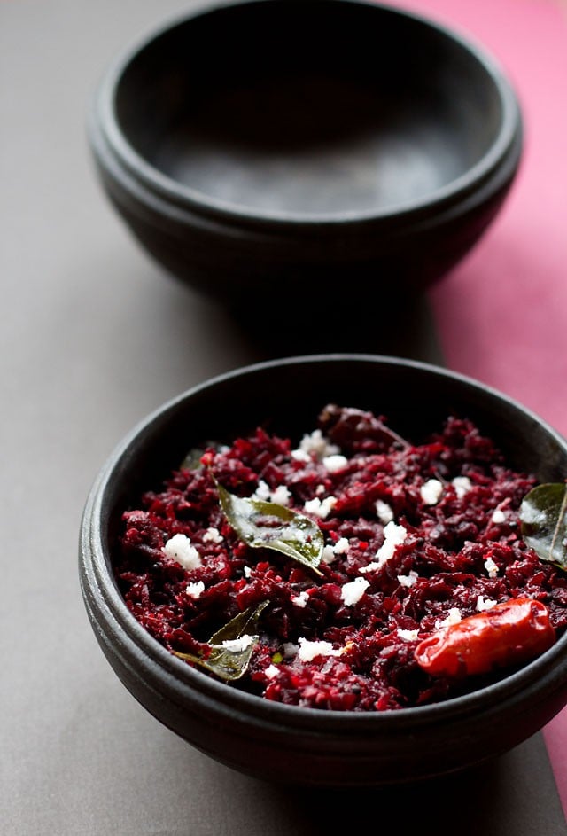 beetroot thoran served in a black bowl.