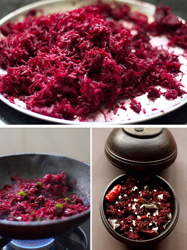 collage of grated beetroot on a steel plate, cooking beetroot thoran in a cast iron pan and beetroot thoran served in a black bowl with its lid kept on the top side. 