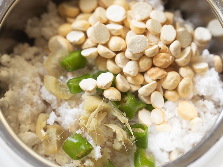 green chiles, ginger and roasted chana dal added to grinder bowl