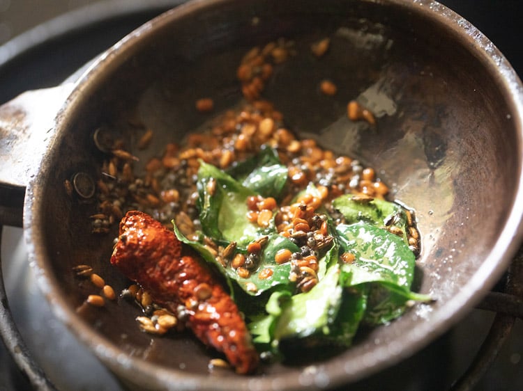showing the crisped curry leaves and fried red chili in the tadka pan for making tamil nadu style coconut chutney recipe
