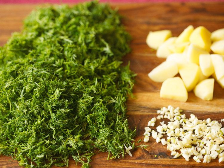 dill leaves and chopped potatoes garlic