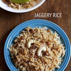 jaggery rice served in a blue plate with text layover.