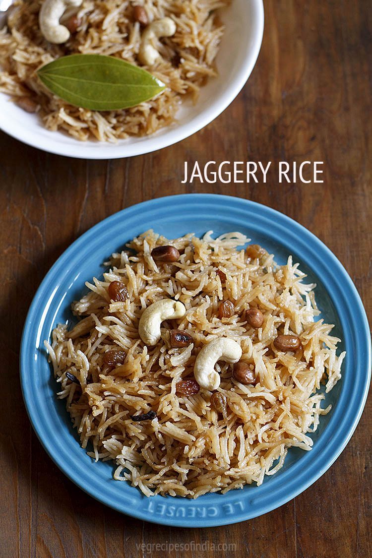 jaggery rice served in a blue plate with text layover.