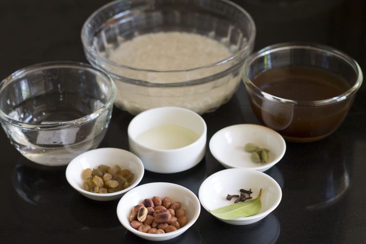 ingredients for jaggery rice in bowls