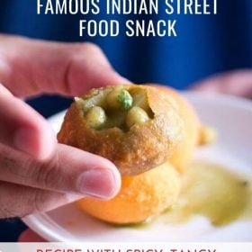 pani puri held in hand with text layovers.