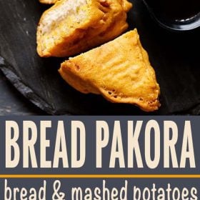 bread pakora served on a black plate with text layovers.