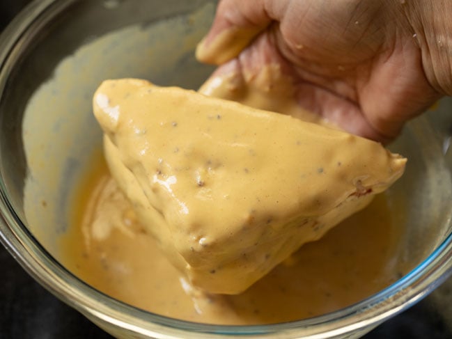 bread evenly coated with batter