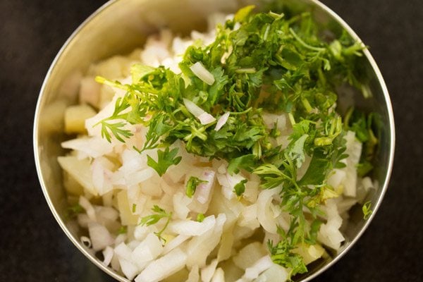 Pani Puri 15 coriander leaves added to potatoes