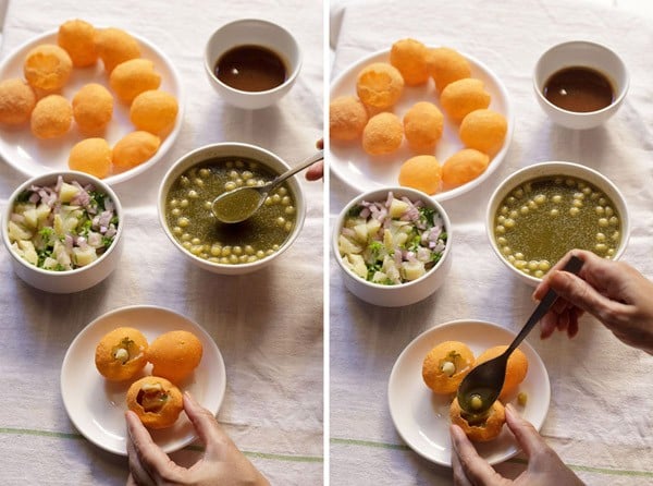 adding green chutney in the pani puri