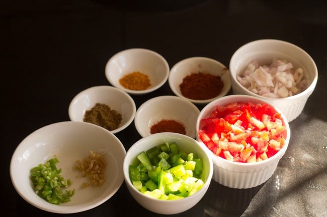 chopped ingredients in bowls