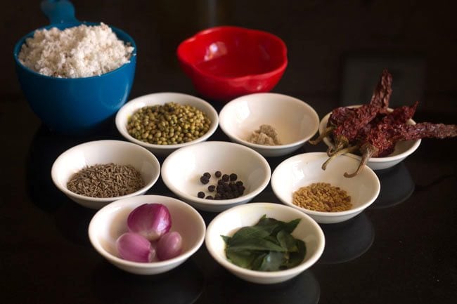 ingredients in bowls for making Kerala sambar