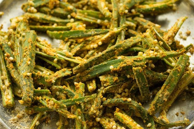 marinated sliced bhindi to make bhindi fry