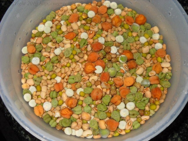 soaking mixed beans in water.