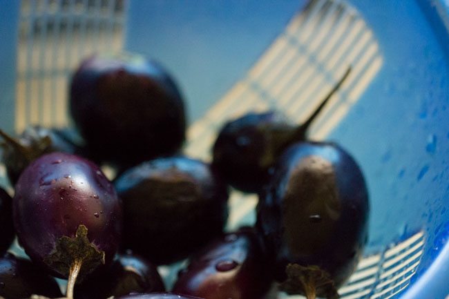 small baingan (eggplants) in a colander under running water.