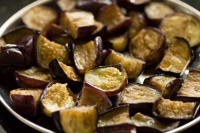 cooked brinjal set aside for making bagara baingan recipe.