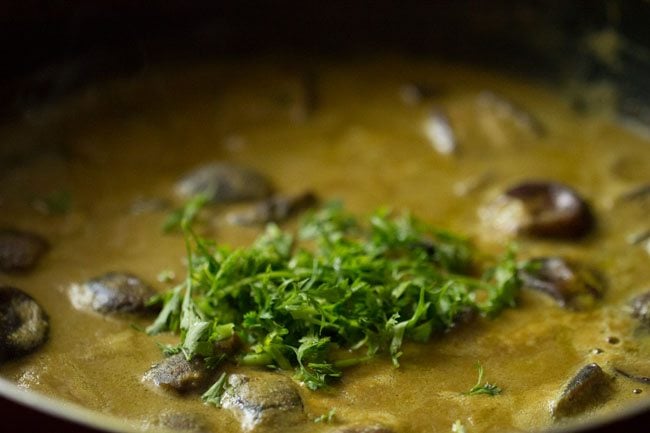fresh coriander added to finish bagara baingan recipe, brinjal curry for biryani.