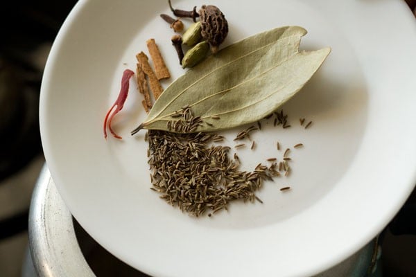 various spices in a white plate that are being added to pressure cooker having ghee