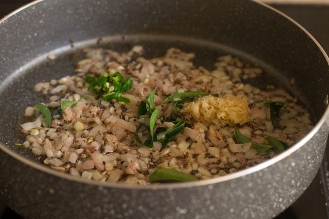 ginger garlic paste and curry leaves and green chilies added