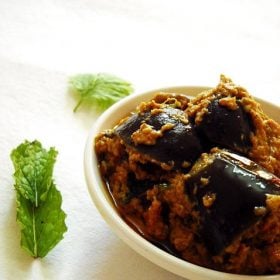 bharli vangi served in a white plate.