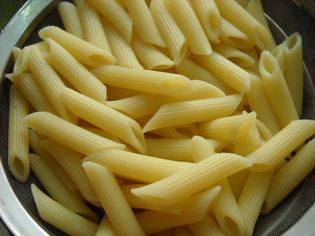 cooked penne pasta. 