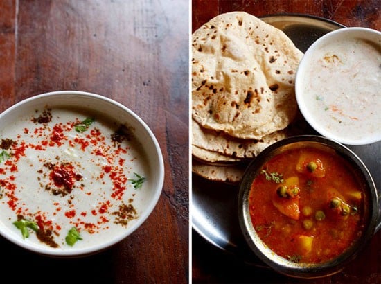 collage de dos fotos de pepino raita.  uno es raita de pepino en un tazón blanco y el segundo se sirve con una comida india de roti y curry de guisantes y papas